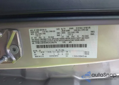 2019 Ford Escape Sel из США, поврежденный, VIN 1FMCU9HD4KUC28278